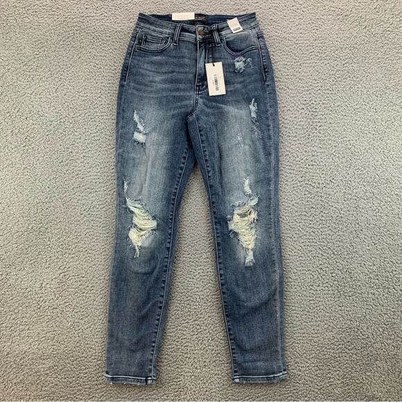 Judy Blue Women's Destroyed Boyfriend Fit Dark Wash Hi Rise Jeans  - Size: 1/25 - Picture 1 of 16